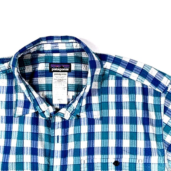 Patagonia Other - Patagonia Blue Teal Plaid Seersucker Short Sleeve Button Down Shirt Mens XL
